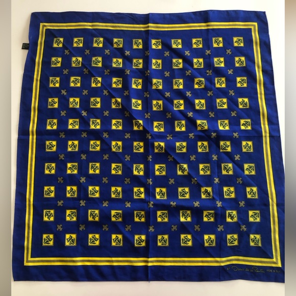 Vintage Oscar de la Renta Scarf - B.S.A - Blue & Yellow Neckerchief - Picture 10 of 10